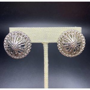 1928 Etruscan Style Pierced Earrings Vintage Silver Tone Bold Domed Open Work
